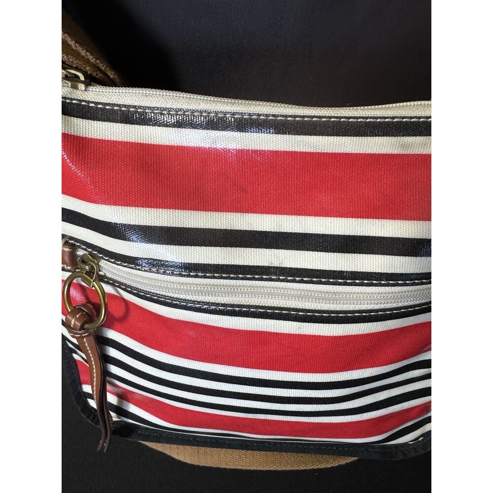 Fossil Keyper Cross Body Satchel Purse Stripes Vinyl Shiny - Picture 9 of 11